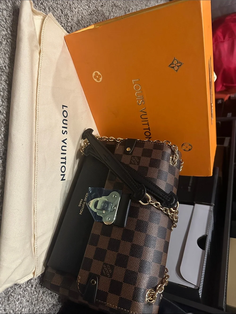 Louis Vuitton Brown Damier Ebene & Black Chain Shoulder Bag with Gold Hardware